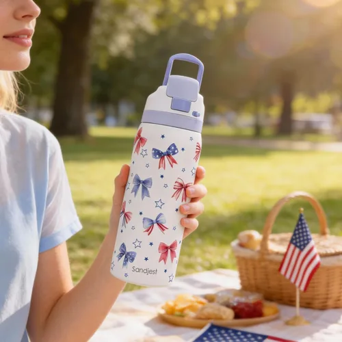 Vista 6 de Botella de agua de acero inoxidable con bandera estadounidense, aislada al vacío, tapa de botón, 32 onzas, regalos para patriota 4 de julio