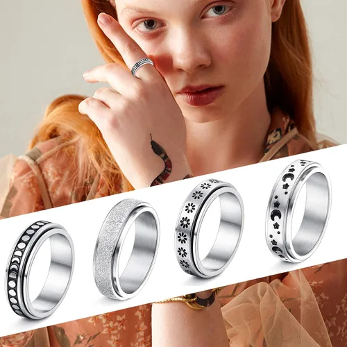 Vista 4 de Jstyle Juego de 4 anillos giratorios de acero inoxidable para mujeres y hombres, anillos giratorios con flores, luna, estrella, anillos geniales