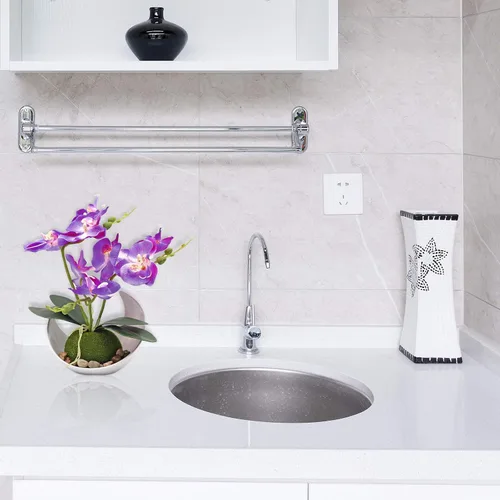 Vista 6 de MINYULUA Flor de orquídea artificial, arreglo floral de Phalaenopsis púrpura con jarrón, planta en maceta Bonsái para boda, fiesta, oficina, mesa