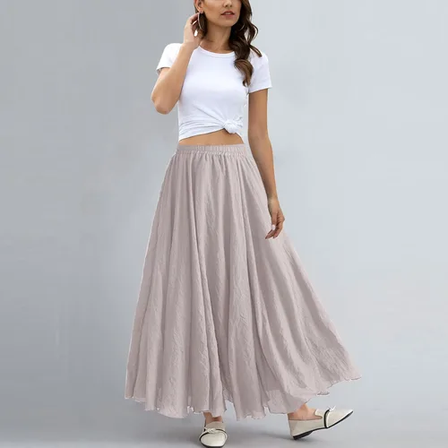 Vista 6 de ASHER FASHION Falda larga estilo bohemio con cintura elástica de algodón y lino para mujer Beige