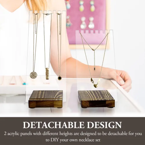 Vista 4 de MyGift Juego de 2 piezas Moderno soporte para collar de acrílico transparente con panel desmontable y base de madera maciza rústica quemada