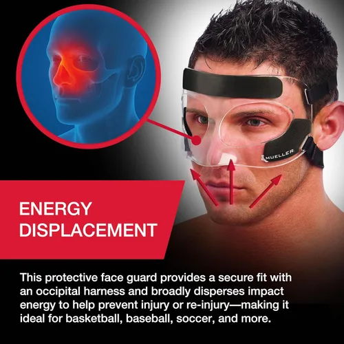 Vista 6 de MUELLER Máscara facial de medicina deportiva para hombres y mujeres, protector facial transparente ajustable, protección de nariz y mejillas