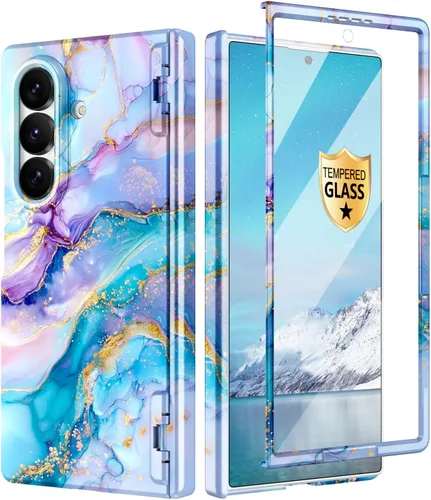 Vista 22 de Btscase Funda para Samsung Galaxy Z Fold 5, protector de pantalla frontal integrado, patrón de mármol dorado con purpurina de policarbonato duro