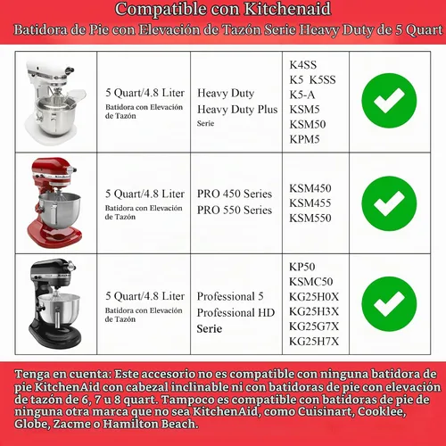 Vista 2 de Batidor de acero inoxidable K5A para mezclador de soporte KitchenAid de 5 cuartos de galón con elevación de tazón, látigo de 6 alambres compatible
