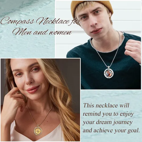 Vista 4 de Fanery Sue Collar de brújula personalizado para mujeres y hombres, collar personalizado con foto colgante con imágenes de memoria, regalos