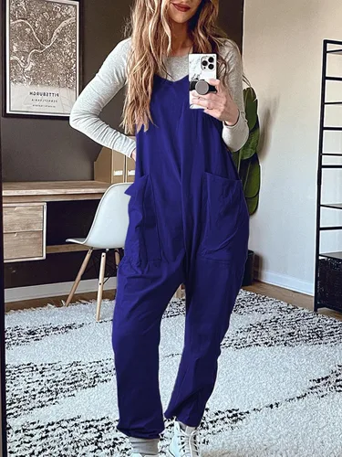 Vista 2 de DEEP SELF Overol suelto casual con cuello en V para mujer, sin mangas, tirantes delgados ajustables, pantalones largos harén, overoles con bolsillos