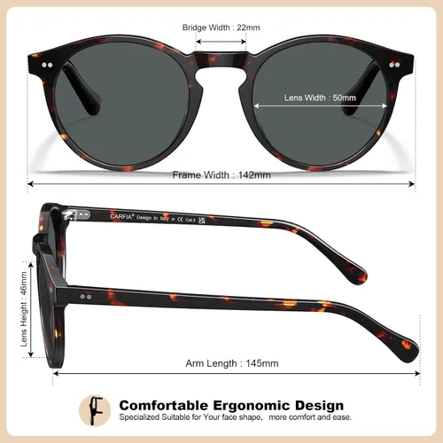 Vista 26 de CARFIA Gafas de sol redondas de acetato para hombre, polarizadas, protección UV, gafas de sol clásicas retro CA5289L