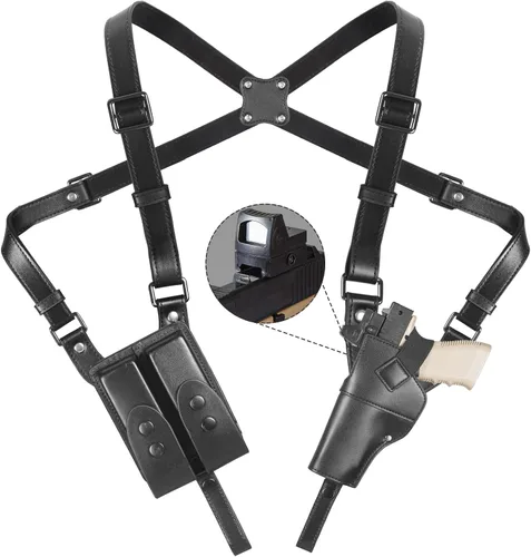 Vista 7 de Funda de Hombro para Transporte Oculto, Yigerlee Funda de Pistola Ajustable Vertical con Doble Funda para Cargadores, Hecha de Cuero de Microfibra