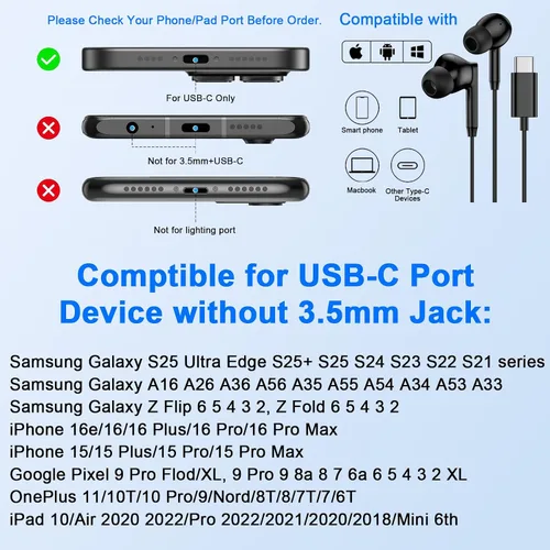 Vista 6 de Auriculares USB C Samsung con Cable Auriculares con Cable para Samsung Galaxy A16 A17 A36 5G A26 S25 Edge A56 S25 Ultra Plus S24 FE A35 Z Fold 6