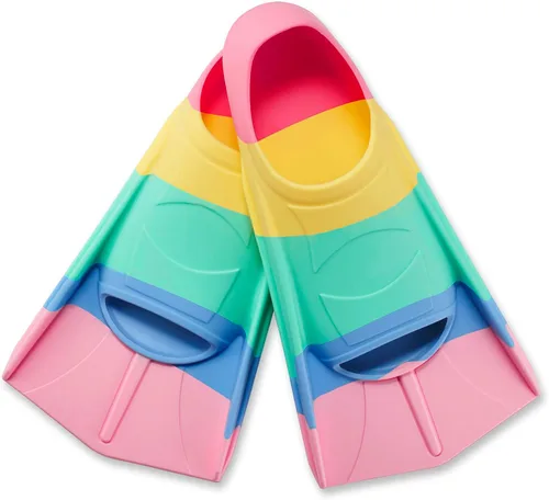 Vista 26 de Aletas de natación para niños, aletas cortas para jóvenes, aletas de entrenamiento de natación para natación de regazo, para niños y niñas Arcoíris-B