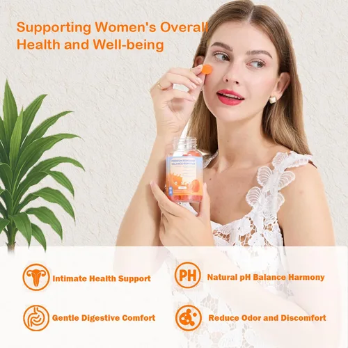 Vista 8 de DEWANG Gomitas de equilibrio femenino, equilibrio diario del pH y apoyo a la salud vaginal, probióticos para mujeres, olor y confianza, sabor a