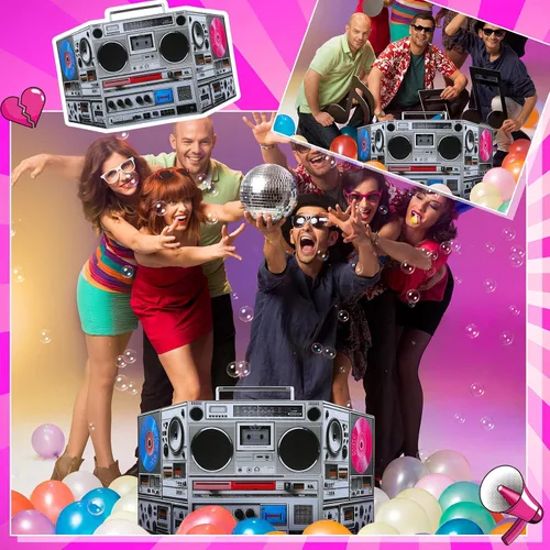 Vista 5 de DoubleFill 3 pies retro 70s 80s 90s fiesta temática discoteca decoración boom box cartón stand up recorte boom box hip hop tema stand up foto prop