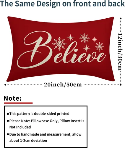 Vista 3 de Believe - Juego de 2 fundas de almohada lumbares de Navidad rojas rectangulares con copos de nieve para sofá, fundas de almohada de vacaciones