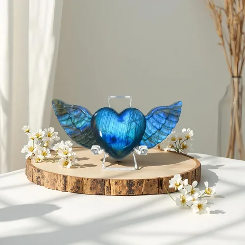 Vista 7 de Corazón de labradorita, corazón de cristal, piedras de labradorita, corazón de cristal curativo con alas