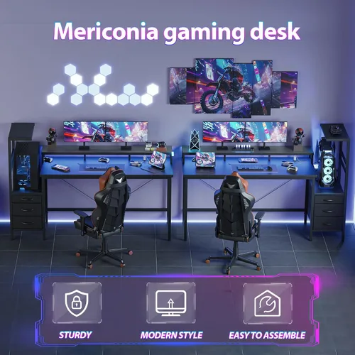 Vista 3 de Mericonia Escritorio para juegos con tomas de corriente y luces LED, escritorio reversible para computadora con soporte para caja de PC, cajones