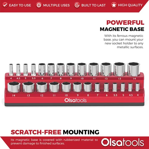 Vista 4 de Olsa Tools - Organizador magnético de llaves de vaso Con accionamiento de 1/4 pulgada Métrico Rojo Con capacidad para 26 llaves de vaso