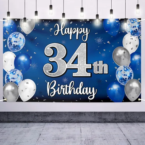 Vista 18 de Decoración de feliz cumpleaños número 100, globo azul y plateado grande cartel de fondo de cumpleaños de 100 años - Suministros para fiesta