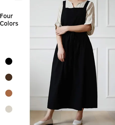 Vista 7 de Delantal largo de algodón plisado con espalda en X para cocina, jardín, floristería, ropa de trabajo, vestido con babero
