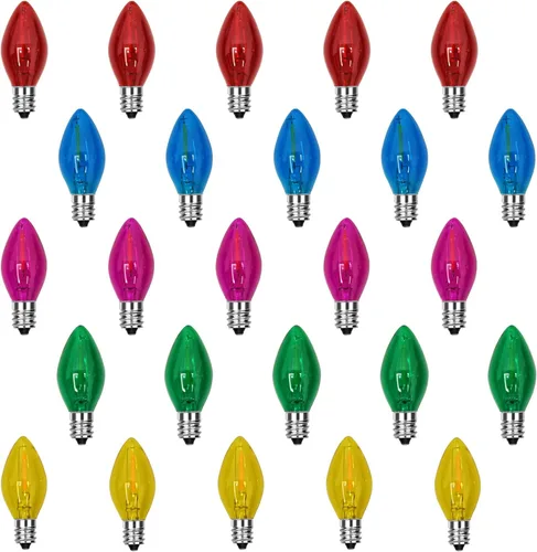 Vista 11 de 25 Pack C7 E12 Purple LED Replacement Bulbs for Outdoor String Lights 0.6W Design, 120V, Dimmable design, IP65 Shatterproof Plastic for Halloween