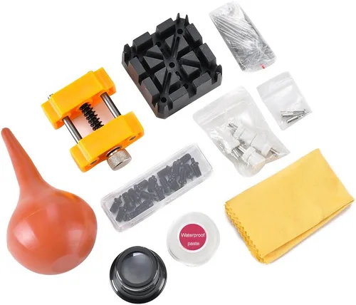 Vista 4 de Kit de herramientas de reparación de relojes profesional, kit de herramientas de relojero, incluye soporte para caja trasera, abridor, removedor