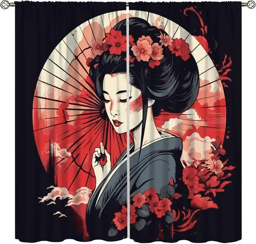 Vista 16 de Cortinas de geisha japonesas, flores rosas, ramas de árbol, sexy, glamour, para mujer, encantador, estética, oriental, con bolsillo para barra