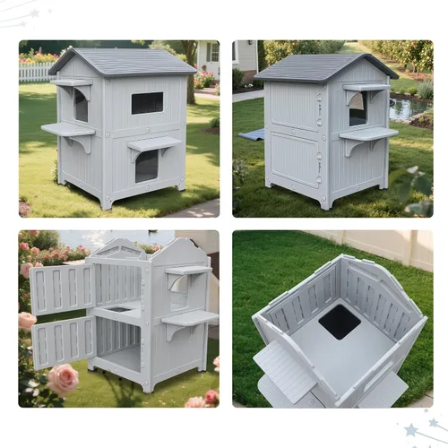 Vista 8 de Casa para gatos al aire libre, casas de 2 pisos al aire libre para gatos salvajes, refugio exterior de plástico, resistente a la intemperie