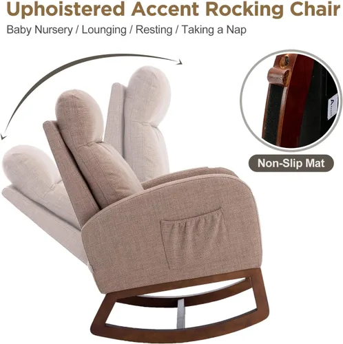 Vista 5 de Mecedora moderna, silla mecedora tapizada para bebé, cómoda silla con bolsillo lateral, sillón para sala de estar, respaldo alto con diseño