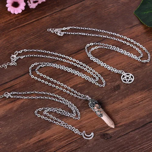 Vista 5 de MJartoria Collar de pentagrama de luna, collar de chakra de cristal, colgante, con dije, cadena de aleación multicapa, conjunto de gargantilla