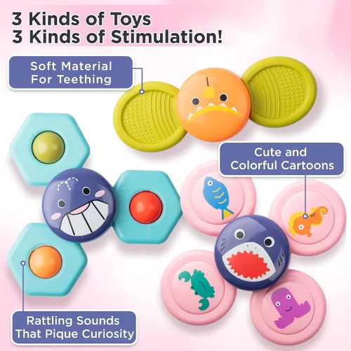 Vista 2 de KayLe Juguetes sensoriales Spinning Top para niños pequeños, juguete sensorial con ventosa para bebé con sonajero, diversión para el baño
