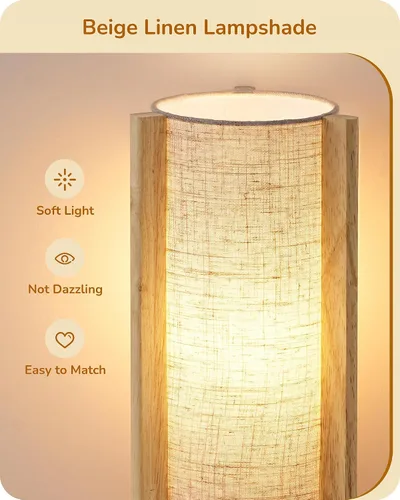 Vista 3 de EDISHINE Small Wood Table Lamp, 13.5" Modern Bedside Lamp, Beige Linen Shade, Natural Wood Cylinder Nightstand Lamp for Bedroom Living Room, On-Off