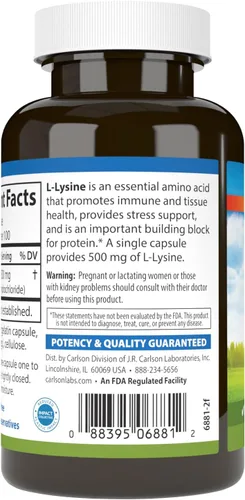 Vista 3 de Carlson Labs L-lisina, 500 mg, 100 cápsulas