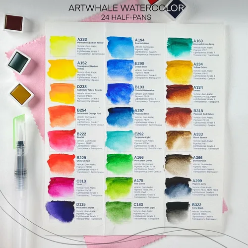 Vista 2 de Juego de pintura de acuarela de 24 colores en medias sartenes, caja de estaño y pincel de agua, pigmentos de grado profesional