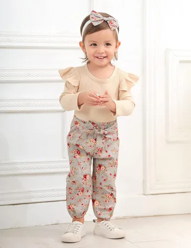 Vista 2 de KANGKANG Ropa de bebé recién nacida, mameluco acanalado con mangas con volantes + pantalones florales + diadema lindo traje de bebé niña 3 piezas