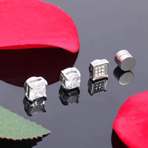 Vista 7 de Jstyle Juego de 4 pares de aretes magnéticos de acero inoxidable para hombres y mujeres tono plateado circonia cúbica sin piercing 0236-0315in
