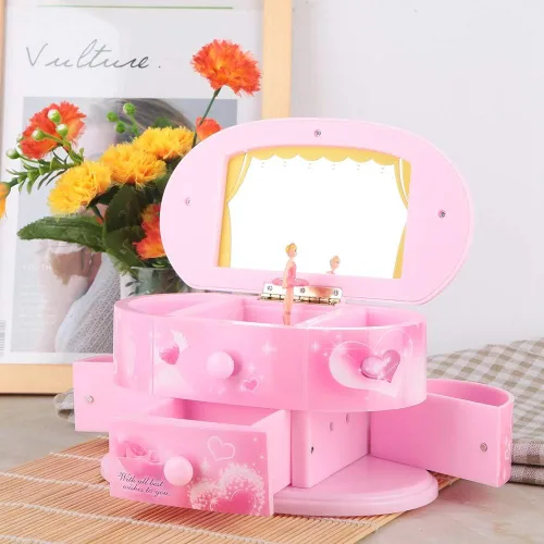 Vista 4 de Omabeta Joyero de bailarina rosa joyero con temática de ballet pequeño organizador de almacenamiento de joyas musicales con música caja