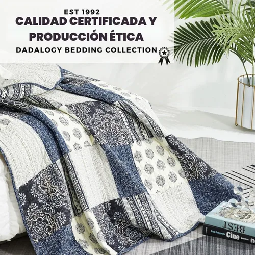Vista 3 de DaDa Bedding - Juego de colcha de tela vaquera, diseño floral, 100 % algodón, bohemio, chic, ligero, acolchado, a rayas, medallón de cachemira