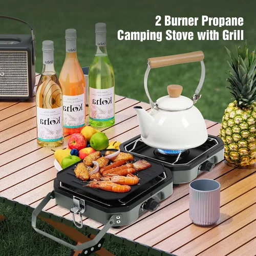 Vista 2 de Dollate Estufa de camping de 2 quemadores con bolsa de transporte, estufa de propano portátil de 16000 BTU para camping, estufa de camping plegable