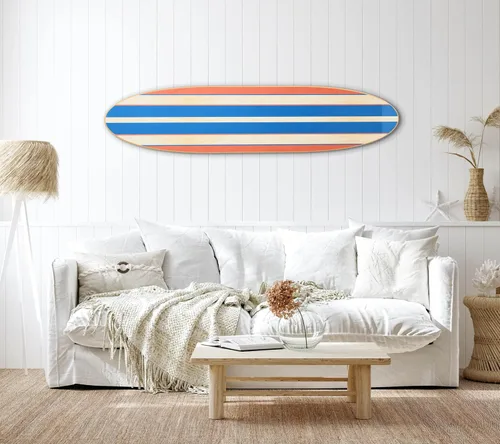 Vista 9 de Creative Co-Op Decoración de pared de tabla de surf decorativa costera, rayas rojas y azules superpuestas sobre madera natural, se cuelga vertical u