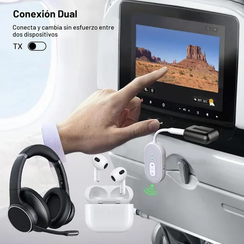 Vista 6 de Receptor transmisor Bluetooth 5.3, receptor de doble conexión, adaptador de audio auxiliar de 0.138 in con cable RCA, avión inalámbrico 2 en 1 Gris