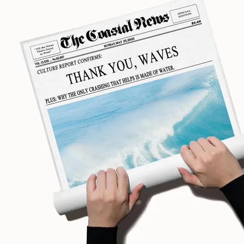 Vista 3 de The Coastal News Surf Culture - Póster de lienzo estilo periódico, póster impreso con ondas de agradecimiento y surf en el océano, póster moderno