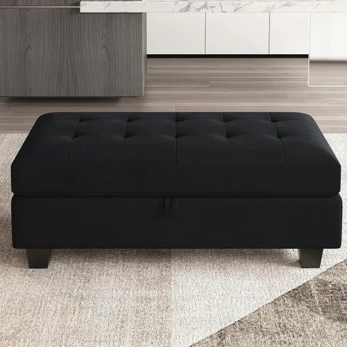 Vista 3 de Belffin Banco otomano rectangular de gran tamaño con almacenamiento, reposapiés tapizado de terciopelo para sala de estar y dormitorio (negro)
