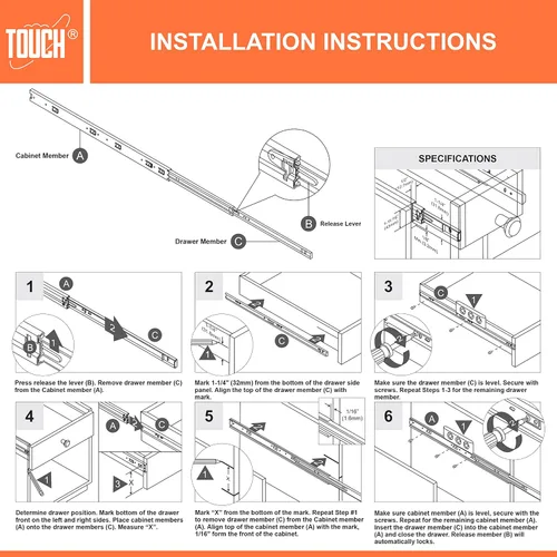 Vista 7 de TOUCH Diapositivas para cajones (6 pares, 12 pulgadas, 11.811 in) de extensión completa, rodamiento de bolas de montaje lateral, 3 pliegues, rieles