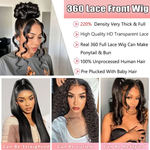 Vista 5 de catti Pelucas de cabello humano ondulado con encaje frontal 360, densidad 220, pelucas de encaje frontal HD, peluca de cabello humano prearrancado