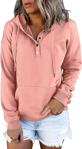 Vista 139 de Sudaderas con capucha para mujer, con cuello de botón, sin botones, con cordón, manga larga, lindas, ropa para adolescentes y niñas