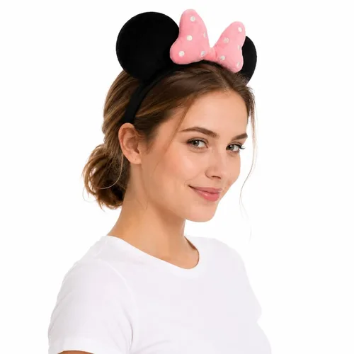Vista 12 de Diadema de terciopelo con orejas de ratón con lazo de algodón 3D, banda para el pelo de moda para mujeres y niñas (algodón 3D rosa)