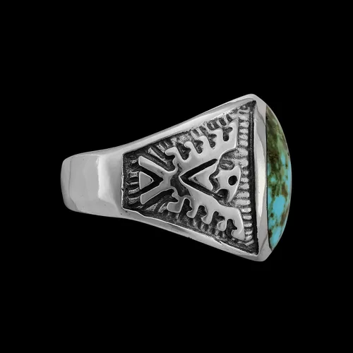 Vista 6 de Size 12-925 Sterling Silver Oval Sierra Nevada Turquoise Cabochon Ring, Southwestern Thunderbird Design, Statement High Polish Gemstone Band