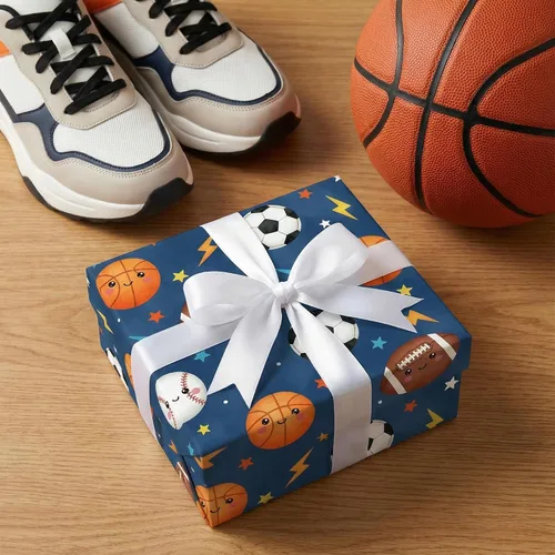Vista 7 de SaringSwoon Papel de regalo para baby shower para niños y niños, papel de regalo de pelota deportiva azul con diseño de baloncesto, fútbol, béisbol