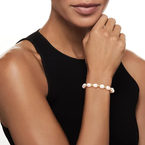 Vista 2 de Ross-Simons 8-9mm Cultured Pearl and 14kt Yellow Gold Bead Stretch Bracelet