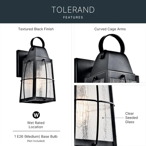 Vista 3 de Kichler Tolerand 49552BKT - Lámpara de pared para exteriores de 12 pulgadas en negro texturizado, 1 luz de pared exterior para porche con vidrio