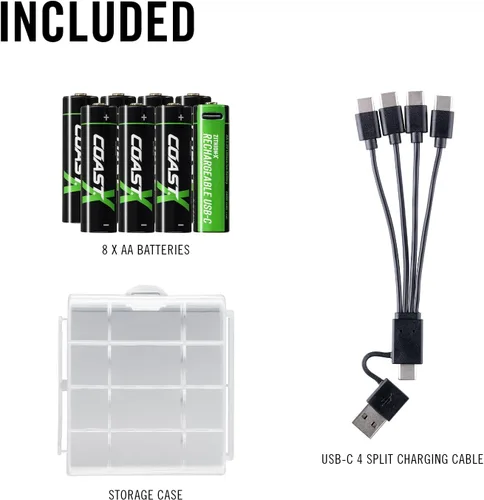Vista 8 de Coast Baterías recargables AA USB-C, ZITHION-X, iones de litio de 1.5 V 2400 mAh, larga duración, se carga menos de 2.5 horas, cable de carga